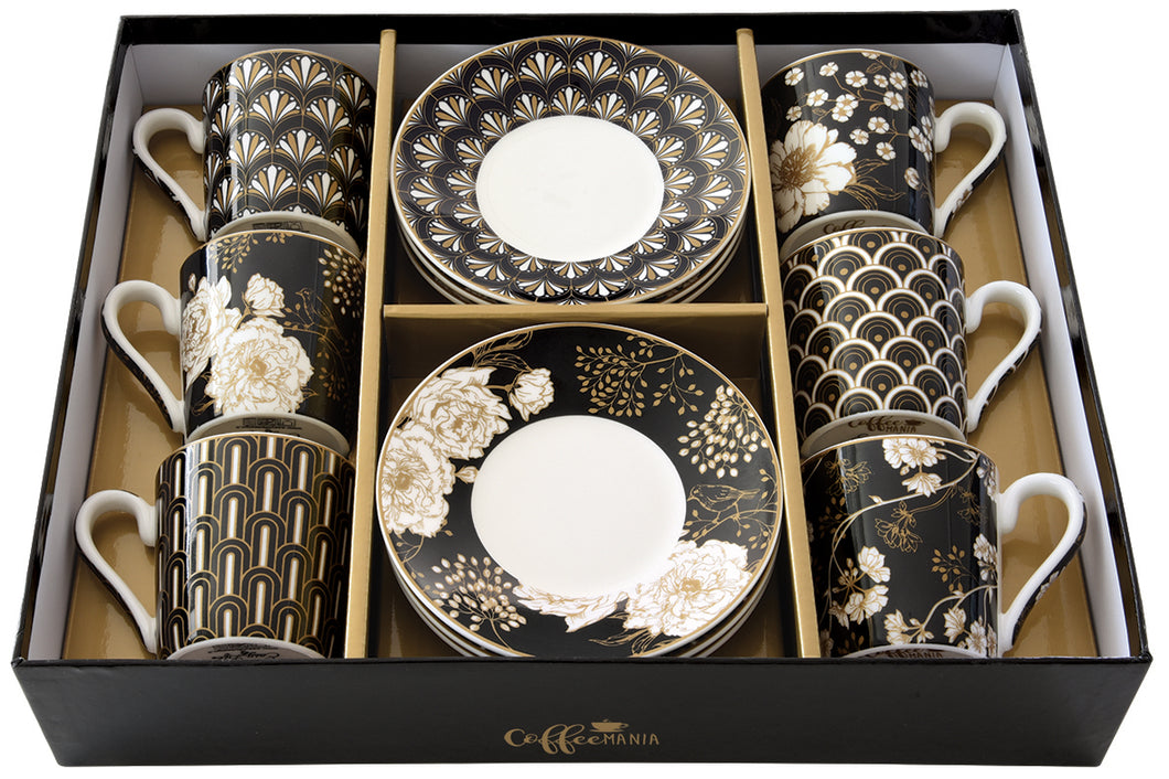 Porcelánový set šálok s podšálkou ART DECO & FLOWERS - 100 ml - 6 kusov